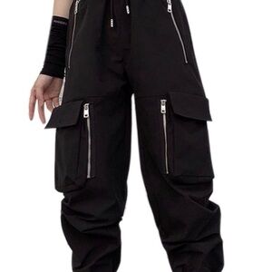 Black Cargo Pants Women Loose Chained Multi-Pocket Multi-Zip Punk Goth Pants